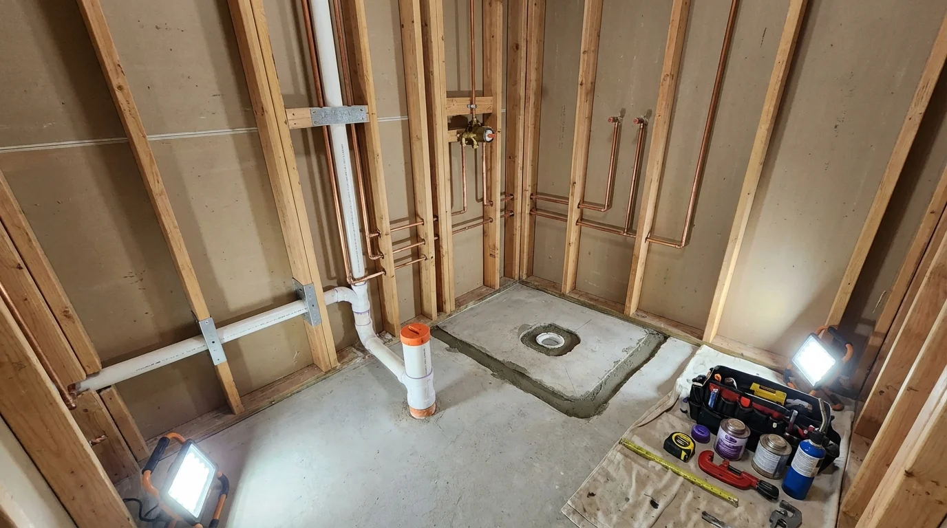 Bathroom rough-in plumbing during remodel by Johns Plumbing LLC in Shady Side