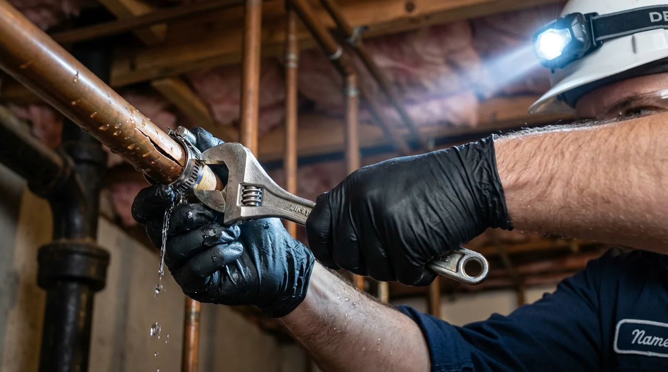 Emergency pipe clamp repair being performed by a Johns Plumbing LLC plumber in Shady Side