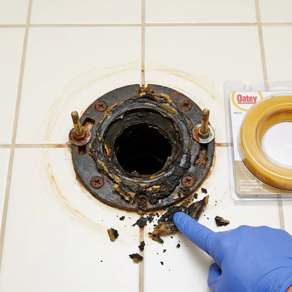Failed wax ring showing water seepage at the base of a toilet in a Shady Side, MD home